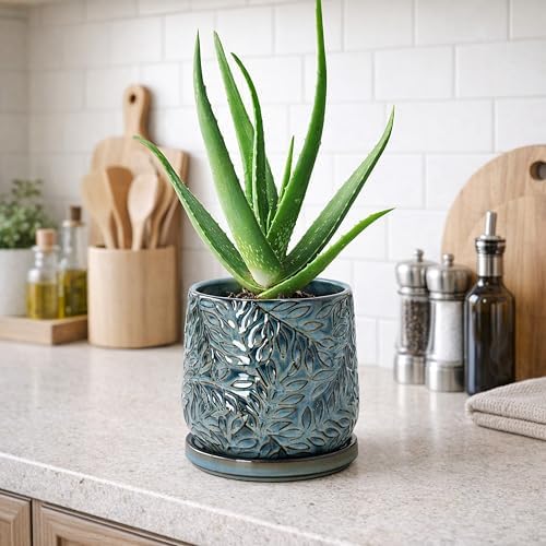D'vine Dev Embossed Leaves Ceramic Planter, 5 in, Ocean Teal, 27-A-V-8 - Image 5