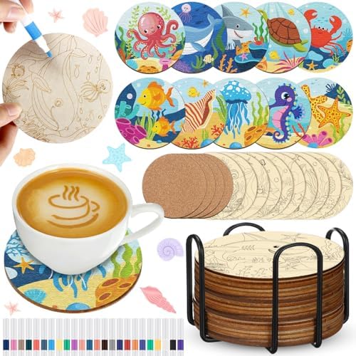 Reallnaive 45 Pcs Ocean Wooden Coasters Painting Kit, 4 Inch Paint Your Own Boho Coasters with Markers, Arts and Crafts for Adults Women Seniors Elderly Crafters Gifts by Reallnaive