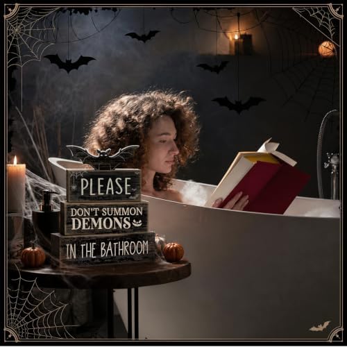 Moucuny 4 Pcs Halloween Bathroom Decoration Gothic Bat Wooden Stacked Block - Image 5