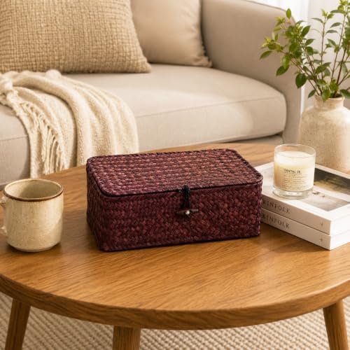 Seagrass Wicker Storage Basket with Lid, Small, Red - Image 5