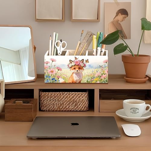 Fox Pen Pencil Holder for Desk Accessories, Fox Gifts for Women, Animal Lovers Gifts, Rustic Butterfly Flower Wild Animal Wooden Box Sign Decorations for Kids Room Home Office Desk Tabletop - Image 3