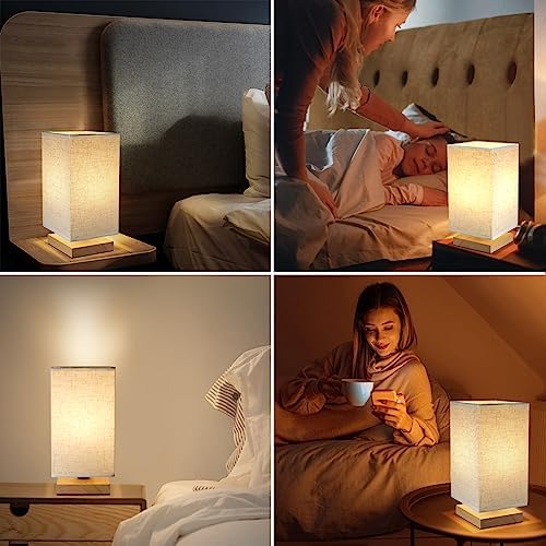 Small Square Bedside Table Lamp for Bedroom, Minimalist Wood Base & Round Fabric Shade, Mini Cute Cozy Warm Nightstand Boho Lamp, Study Desk Night Stand Light for Room, Dorm, Nursery, Living Room - Image 6