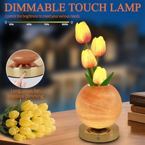 Tulip Table Lamp, Rechargeable Cordless Touch Dimming Artificial Tulip Flower Desk Lamp, LED Flower Bedside Night Light Romantic Gifts for Girl Women Mom (Orange) - Image 3