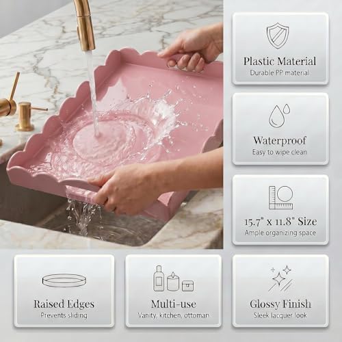Gesodant Scalloped Glossy Plastic Lacquer Decorative Tray, 15.7 x 11.8 Inch Rectangle Serving Tray with Handles for Coffee Table, Ottoman, Bedroom Vanity, Living Room Centerpiece (Rectangle Pink) - Image 7