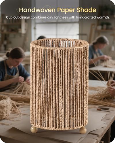 Small Rattan Table Lamps Set of 2, Boho Bedside Lamps Set of 2, Handwoven Paper Lampshade, 4W 2400K LED Bulb Included, Boho Desk Lamp, Nightstand Lamp for Bedroom, Living Room, S11TLP205 - Image 5
