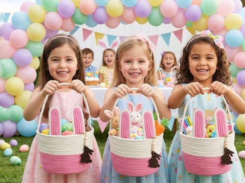 Pro Goleem Easter Basket for Kids, Adorable Woven Egg Hunt Bucket with Handle, Soft First Easter Gift Tote Bag, Nursery Toy Storage Bin with Tag(Pink) - Image 7