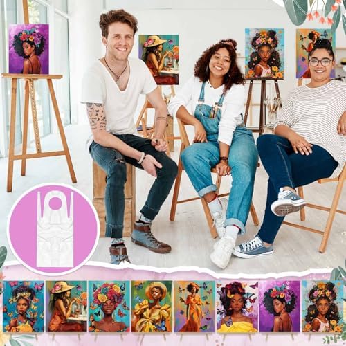 Tenceur 72 Pieces Pre Drawn Canvas Kit 8" x 10" Paint and Sip Kit for Adults Painting Party Pre Printed Canvas DIY Pre Stenciled Canvas with Paints Easels Aprons Brushes for Party Gifts(Black Girl) - Image 6