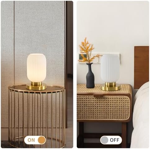 White Glass Table Lamp,Vintage Gold Base Ribbed Bedside Lamp - Image 4