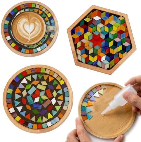 DIY Mosaic Tiles Crafts Kits for Adults, Mixed Stained Glass Mosaic Kit with 2 PCS Wooden Coaster Making Materials Package,Mosaic Adult Crafts for Women Beginners Handmade Home Decor Gifts by Nuyoach