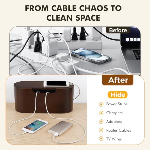 Wooden Cable Management Box with Lid, Decorative Cord Organizer for Power Strip & Charger Cables, Ventilation Holes & Side Slots, Solid Pine Wire Hider for Desk, Home Office, Dorm & Minimalist Setup - Image 2