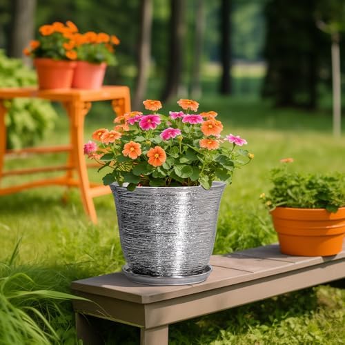 10 Inch Plant Pot, Ceramic Planter with Drainage Hole, Silver - Image 5