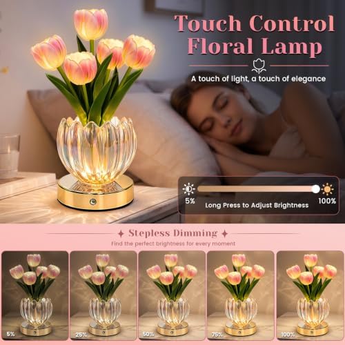 Flower Table Lamp, 3 Color Tulip Night Light, Rechargeable Cordless Touch Dimming Artificial Flower Light, LED Flower with Glass Vase Lamp for Girls Women Mom (Pink Tulip) - Image 2