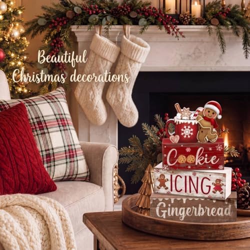 Moucuny 4 Pcs Christmas Table Decor Wooden Gingerbread Cocoa Block Signs - Image 3
