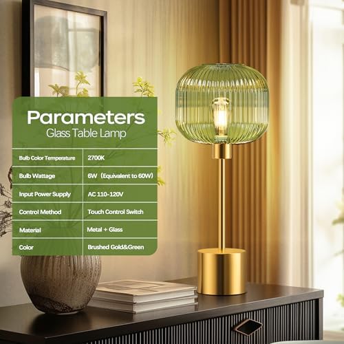 QiMH Glass Table Lamp for Living Room, Modern Bedside Lamp with Green Ribbed Glass Shade, 3-Way Dimmable Touch Control Nightstand Lamp for Bedroom, Brushed Gold (2700K LED Bulb Included) - Image 3