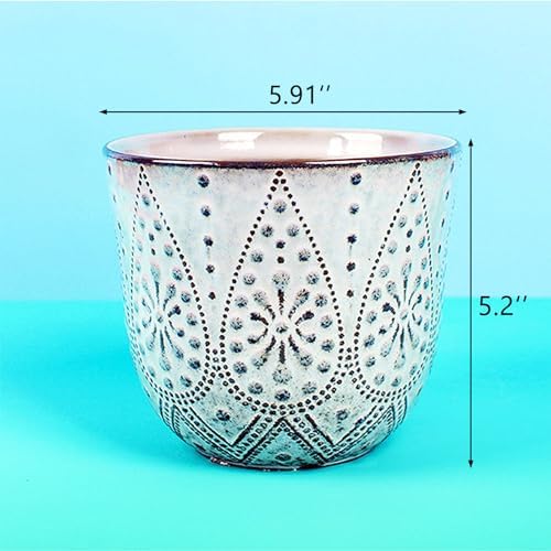 VanEnjoy 5.9 inch Round Bohemian Style Ceramic Planter, Geometry Engrave Off White Brown Succulent Planter Flower Pot, Indoor Outdoor Decorative Planter - Image 2