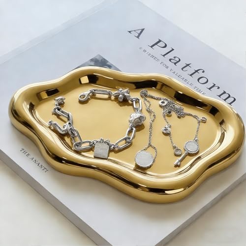 Jewelry Tray for Women, Cloud Shape Ceramic Trinket Dish, Jewelry Organizer Storage Holder for Ring Earring Bracelet Necklace, Make Up Organizer (White) (Gold) - Image 3