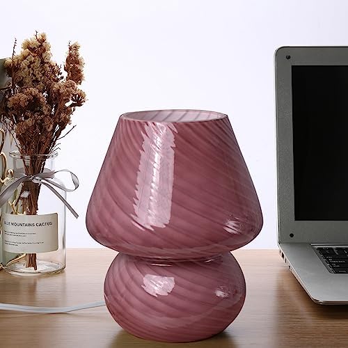 Mushroom Lamp,Glass Mushroom Bedside Table Lamps Purple Translucent Murano Vintage Style Striped Small Nightstand Desklamp Swirl Light for Home Decor, Dining, Living, Bedroom, Gift (Stripe Purple) by BosendaOpto