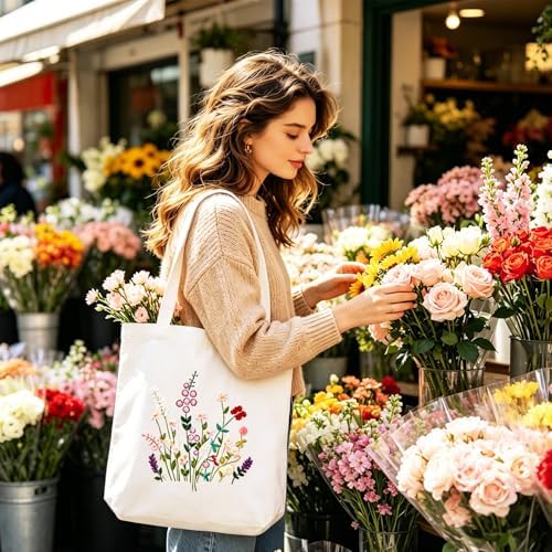 Vigdit Canvas Tote Bag Embroidery Kit for Beginners, Needlepoint Cross Stitch Kit for Adult Beginner, DIY Reusable Grocery Bags Embroidery Starter Kit with Stamped Floral Tools & Instructions - Image 3