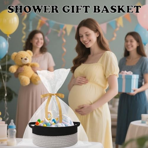 Woven Rope Basket - Baby Gift Basket with Bag & Ribbon, Black&Grey - Image 6