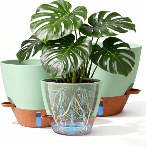 8/9/10 Inch Self Watering Pots, Plastic Flower Pots with Multi Mesh Drainage Holes and Water Level Indicator & Deep Reservoir for Indoor Outdoor Garden Plants and Flowers (Green) by HRBLY-001
