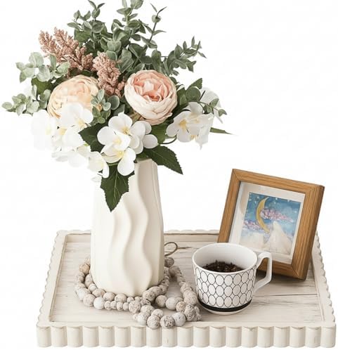 Lounsweer Wood Decorative Tray for Home Decor, 14'' x 10'' Wooden Serving Tray for Coffee Table Centerpiece Dining Kitchen Island Decoration Bathroom Counter Display (White Color,Pine) by Lounsweer