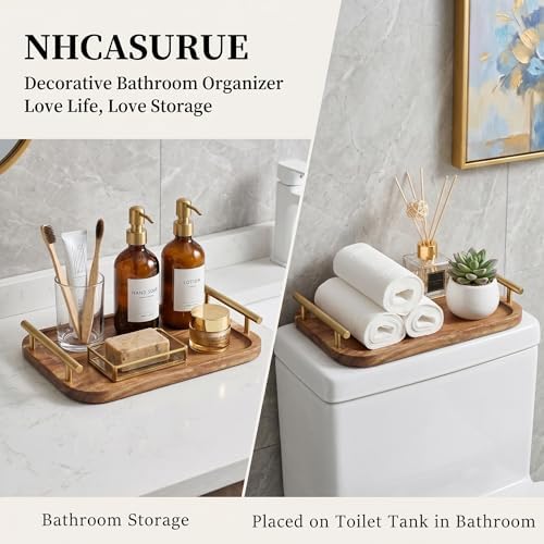 Bathroom Tray for Countertop Organizer,Vanity Tray with Gold Handle, Acacia Wood Tray for Bathroom Decor,Toilet Tank Tray, Multipurpose Organizer Rack for Lavatory, Bathroom, and Kitchen 13.98"X 9.45" - Image 3