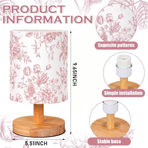 VIHOSE Pink Floral Kids Table Lamp for Bedroom Kids Bedside Lamp with Linen Wooden Nightstand Cartoon Nursery Lampshade for Girls Boys Living Room - Image 2
