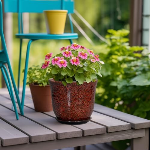 Ceramic Plant Pots - 5.6 Inch Plant Pot Indoor Outdoor, Small Planter with Drainage Hole and Saucer, Round Planter, Orchid Succulent Pots, Garden Room Decor, Gardening Gifts for Women, Red - Image 4