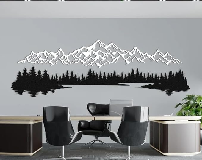 NORTH KAISER Metal Wall Art - Mountain & Forest Metal Wall Decor - Large Wall Sculpture for Rustic Home Living Room Bedroom Indoor/Outdoor (White, 47.2'' x 15.7'' / 120 x 40 cm)