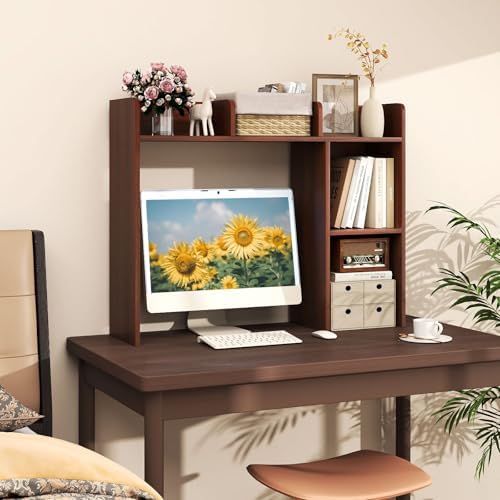 GIANTEX Desktop Bookshelf, Wood Desk Hutch Organizer for 27 Inch Computer Monitor, Countertop Storage Display Rack with 5 Shelves, Multipurpose Desktop Shelf Bookcase for Dorm Office Home, Walnut - Image 2