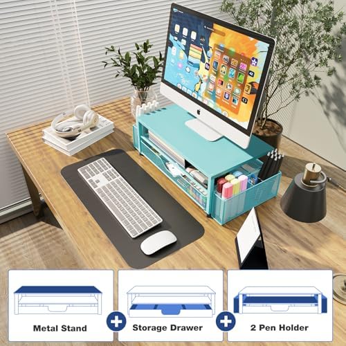 OPNICE Desk Organizer and Accessories, 2-Tier Computer Monitor Stand Riser with Drawer and 2 Pen Holders, Laptop Stand, Office Desk Accessories for Office Supplies, Teal Blue - Image 4