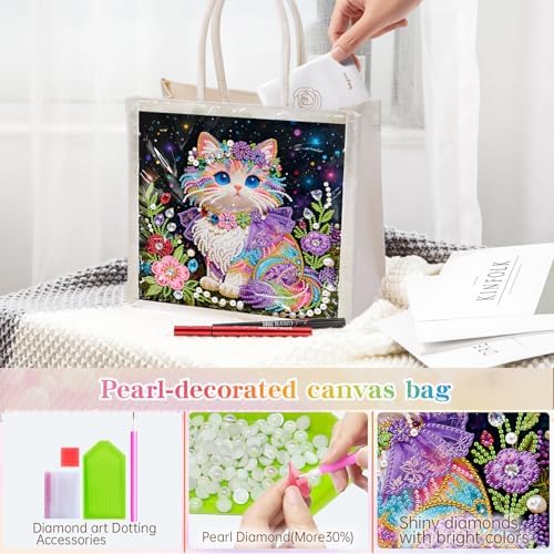 Xylzzuit DIY Pearl Painting Canvas Tote Bag Kit 11.42IN Diamond Art Handbag for Women Shopping Grocery Bag Dots Beads Art Craft Gift (Cat) - Image 3