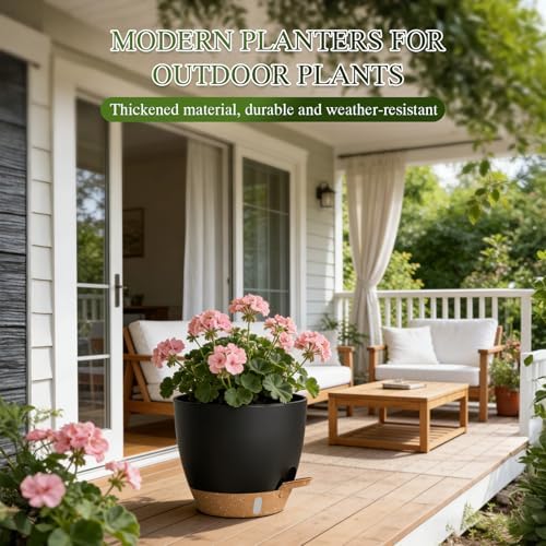 Self Watering Pots with Drainage Holes, 2 Pack 8 Inch Plant Pots with Water Level Indicator Deep Reservoir, Large Plastic Planter for Indoor Outdoor Plants - Black Brown - Image 6
