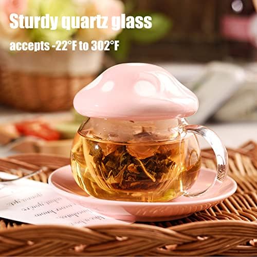 Mushroom Cup Cute Glass Tea Cup with Infuser and Lid Kawaii Mushroom Mug Set Coffee Teapot with Ceramic Coasters 11oz (Blue) - Image 2