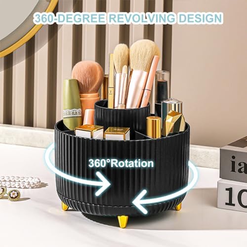 Cayxenful Pencil Holder For Desk,5 Slots 360°Degree Rotating Desk Organizers And Accessories,Desktop Storage Stationery Supplies Organizer, Cute Pencil Cup Pot For Office, School, Home (H-Black) - Image 4
