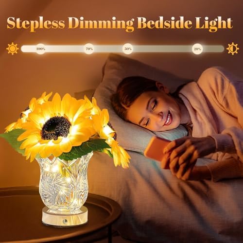 Flower Desk Lamp, Sunflower USB Rechargeable Touch Stepless Dimming Table Lamp, LED Artificial Plants Flower with Vase Night Light, Glass Vase Lamp for Room Home Festival Decor (Sunflower - 3 Head) - Image 2
