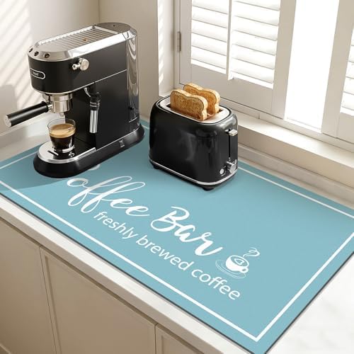 Findosom Dish Drying Mat, 17"x 32" Super Absorbent & Hide Stain Coffee Mat, Cuttable Drying Mat for Kitchen Counter, Coffee Bar Accessories, Under Dish Rack, Coffee Maker, Espresso Machine, Blue by Findosom