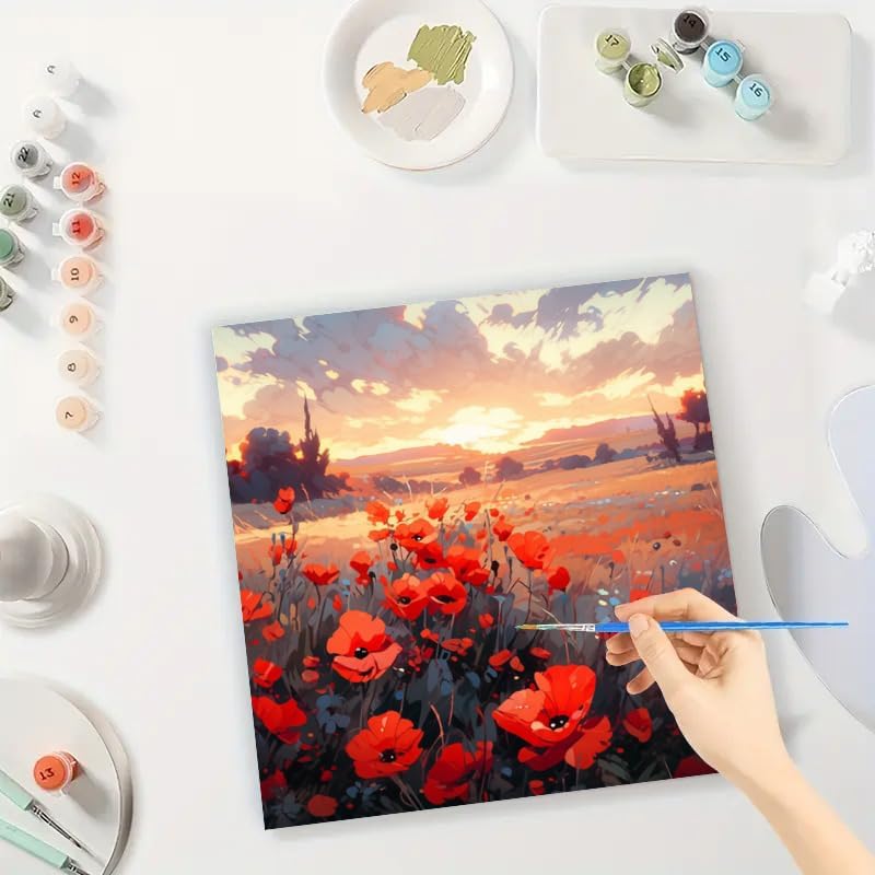 Sunset Poppy Field Digital Painting Kit for Adults - DIY Flower Landscape Oil Painting on Canvas 7.87x7.87 Inches, Framed Acrylic Paint Kit, Good for Beginners, Warm Home Decor or Gift Artwork - Image 3