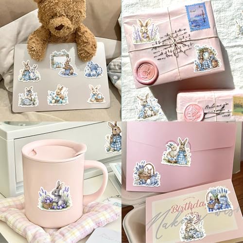 100 Pcs Easter Bunny Stickers - Watercolor Rabbit & Blue Gingham Pattern, 100 Piece Set for Easter Basket Stuffers, Party Favors, Crafts & Spring Decorations - Image 5