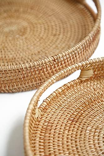 HITOMEN Hand-Woven Round Rattan Serving Tray Decorative Ottoman Wicker Platter with Handles for Coffee Table, Breakfast, Drinks, Snack, Bread, Fruit, Vegetables (Natural Set of 2: M+L) - Image 5