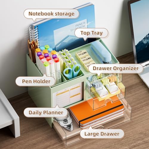 Marbrasse Desk Organizer with 3 Drawer, Multi-Functional Pencil Pen Holder for Desk, Desk Organizers and Accessories with 4 Compartments, Desktop Organizer Storage for Office Home Supplies (Green) - Image 2