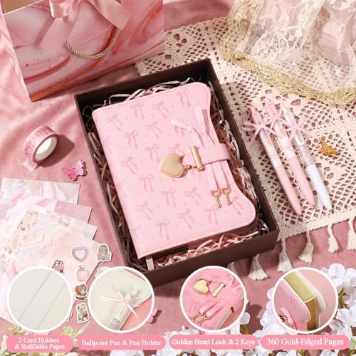 Janlaugh DIY Journal Diary with Lock Pack Scrapbook Kit, Pink, Bow - Image 3