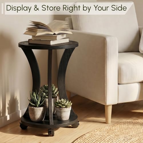2 Tier Wooden Plant Stand Indoor with Wheels – Tall Plant Stand for 6-12 Inch Pots, Mid-Century Modern Rustic Plant Table Indoor, Pedestal Stand for Corner, Living Room, Balcony, Black - Image 4