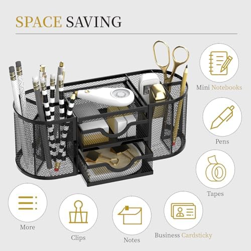 SUPEASY Mesh Desk Organizer, Pen Holder for Desk with 2 Drawers, Black - Image 4