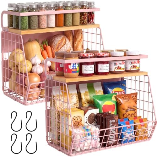 Magnetic Shelf for Fridge with Wood Lid, Fruit Potato and Onion Storage Bins, Pantry Organizers & Storage, Large Container Magnetic Spice Rack for Refrigerator, Kitchen Counter, Cabinet (Pink, 2) by Ofiray-home