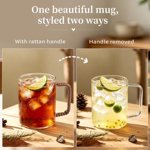Glass Coffee Mugs Set of 2, 16 oz Clear Glass Cups with Woven Rattan-Style Handle, Large Coffee Mug for Latte, Cappuccino, Tea & Iced Coffee, Cute Aesthetic Mug Set - Image 4