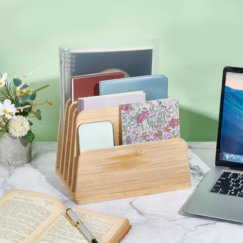 UNICRAFTALE 5-Slot Bamboo Paper Organizer Stand Vertical Desktop File Rack Modular Letter Holder for Home Office Countertop Mail Sorter 7.5x9.8x7.1 Inch - Image 2