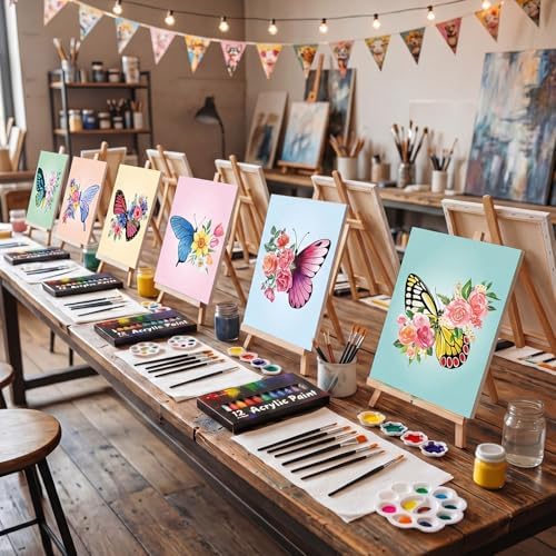 Ctosree 72 Pcs Butterfly Paint and Sip Kit for Adults 8'' x 10'' Pre Drawn Canvas for Painting DIY Pre Printed Canvas for Party Favor Acrylic Painting Kit Wood Easel Brushes Date Night Bulk - Image 2