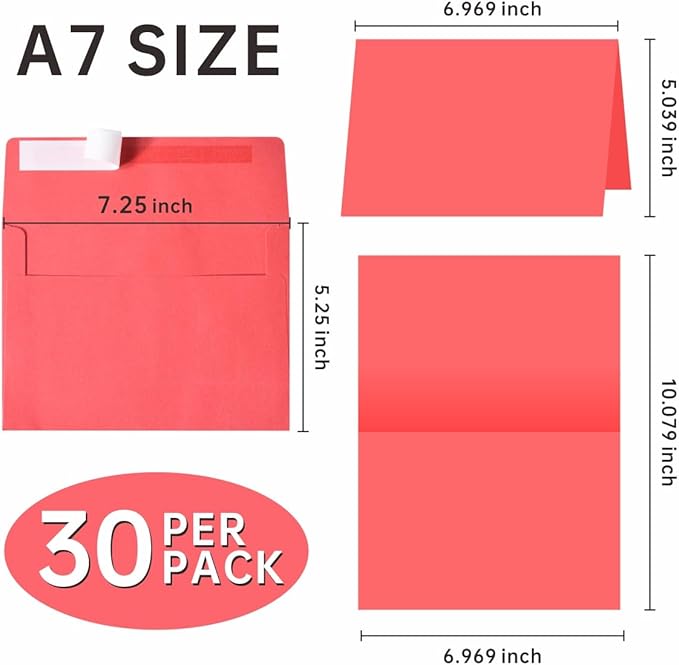Blank Cards and Envelopes 5x7, 30 Pack 10-Color Assorted Invitation Folded Cardstock with 30 Matching Self-Seal A7 Envelopes, Thank You Blank Greeting Cards, for DIY, Print Custom, Wedding & Birthday