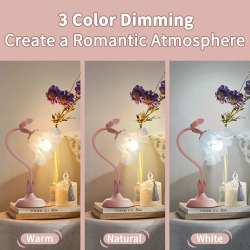 Women Bedside Table Lamps for Bedroom, Cute Flower Desk Lamp with Adjustable Flexible Gooseneck, 3 Color Temperatures Nightstand Lamp with E26 LED Bulbs, Floral Lamp for Living Room, Office,Reading - Image 2